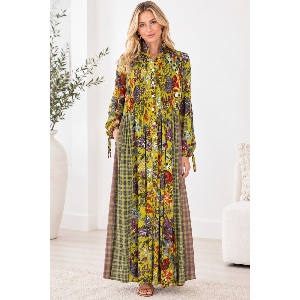 John Mark Maxi Dress Medium Green Floral Gingham Pintuck Button Front Boho Flowy